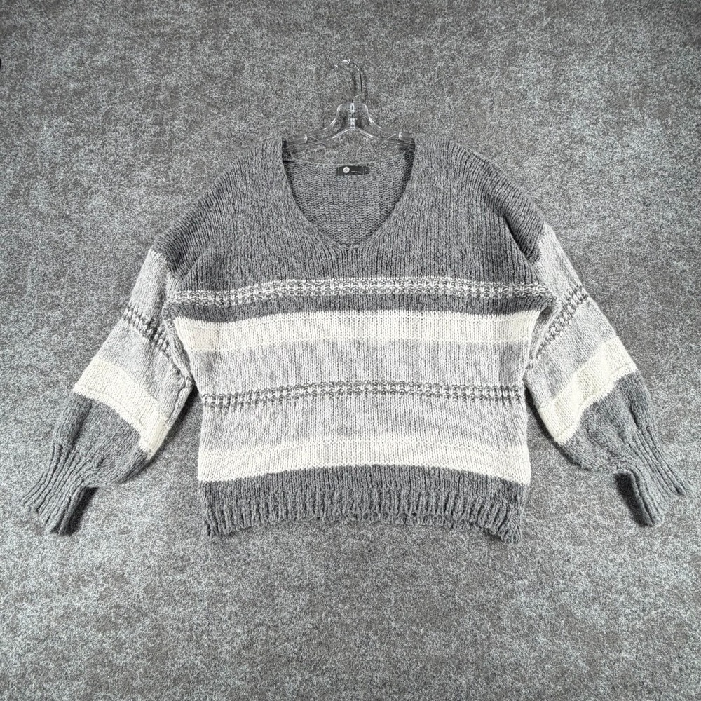 M Pullover‎ Sweater Womens S Gray White Striped Balloon Sleeve Made In Italy